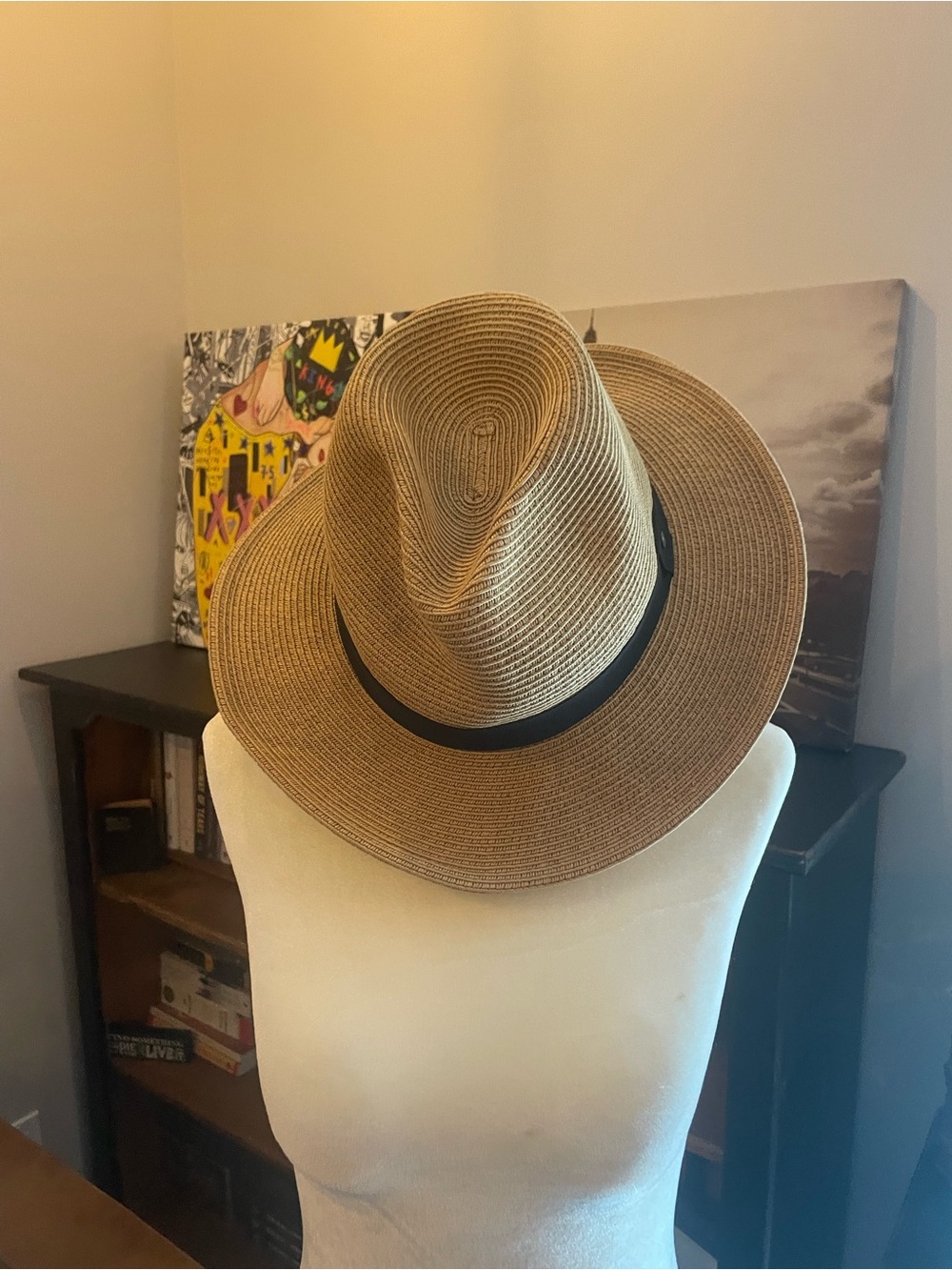 Straw Fedora Hat with Black Band - Natural